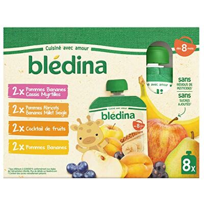 Blédina Gourdes Fruits Pommes Bananes Cassis Myrtilles/Abricots Millet Seigle/Cocktail Dès 8 Mois 720 g - Publicité Blédina Gourdes Fruits Pommes Bananes Cassis Myrtilles/Abricots Millet Seigle/Cocktail Dès 8 Mois 720 g - Publicité
