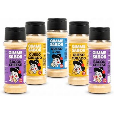Gimme Sabor Pack Queso Lovers – 2 unités de Sazonador saveur Fromage Affiné, 1 unité de Sazonador saveur Fromage Bleu et 2 unités de Sazonador Bacon au Fromage: Sans allergènes ni glutamate - Publicité Gimme Sabor Pack Queso Lovers – 2 unités de Sazonador saveur Fromage Affiné, 1 unité de Sazonador saveur Fromage Bleu et 2 unités de Sazonador Bacon au Fromage: Sans allergènes ni glutamate - Publicité