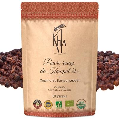 Khla Poivre Rouge de Kampot Certifié Bio 80 g Sachet Poivre en Grains Biologique Grand Cru, Doux & Fruité Ingrédient Cuisine Épice Direct Producteur Production limitée Origine Cambodge - Publicité Khla Poivre Rouge de Kampot Certifié Bio 80 g Sachet Poivre en Grains Biologique Grand Cru, Doux & Fruité Ingrédient Cuisine Épice Direct Producteur Production limitée Origine Cambodge - Publicité
