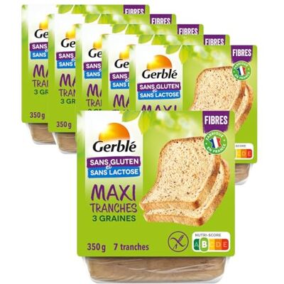 Gerblé Maxi Moelleux 3 graines Sans Gluten & Sans lactose, Lot de 6 Pains, Riche en fibres, Moelleux, 7 Tranches/Pain, 210218 - Publicité Gerblé Maxi Moelleux 3 graines Sans Gluten & Sans lactose, Lot de 6 Pains, Riche en fibres, Moelleux, 7 Tranches/Pain, 210218 - Publicité