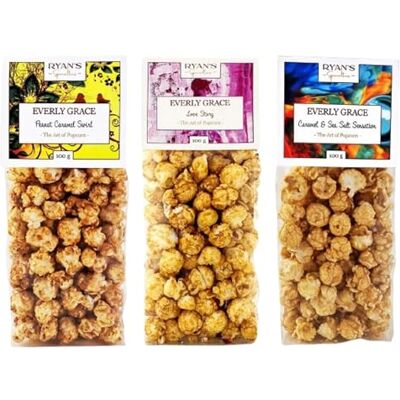 Everly Grace Popcorn Originals Bundle – Caramel & Sea Salt Sensation, Peanut Caramel Swirl, Love Story, sachets de 100 g de popcorn artisanal de notre manufacture à Augsbourg, Allemagne - Publicité Everly Grace Popcorn Originals Bundle – Caramel & Sea Salt Sensation, Peanut Caramel Swirl, Love Story, sachets de 100 g de popcorn artisanal de notre manufacture à Augsbourg, Allemagne - Publicité