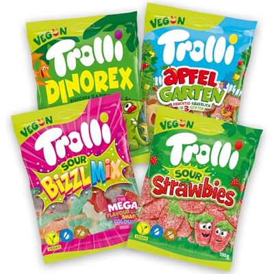 Trolli assortiment de bonbons véganes Mix Box, 4 x 150 g Sour Strawbies, Dino Rex, Jardin de Pommes et Bizzl Mix, des gélifiés acides sans gluten, lactose ni gélatine - Publicité Trolli assortiment de bonbons véganes Mix Box, 4 x 150 g Sour Strawbies, Dino Rex, Jardin de Pommes et Bizzl Mix, des gélifiés acides sans gluten, lactose ni gélatine - Publicité