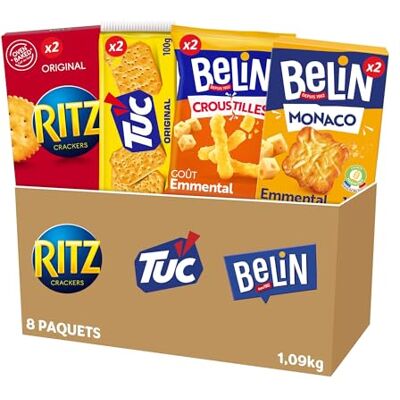 Belin RITZ TUC La Boîte Apéritif 8 Paquets de Crackers Ritz (x2), Tuc Original (x2), Croustilles Emmental (x2), Monaco Emmental (x2) Lot de 1,09kg - Publicité Belin RITZ TUC La Boîte Apéritif 8 Paquets de Crackers Ritz (x2), Tuc Original (x2), Croustilles Emmental (x2), Monaco Emmental (x2) Lot de 1,09kg - Publicité