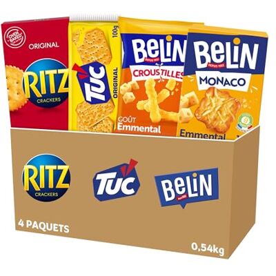 Belin RITZ TUC La Boîte Apéritif 4 Paquets de Crackers Ritz (x1), Tuc Original (x1), Croustilles Emmental (x1), Monaco Emmental (x1) Lot de 0,54kg - Publicité Belin RITZ TUC La Boîte Apéritif 4 Paquets de Crackers Ritz (x1), Tuc Original (x1), Croustilles Emmental (x1), Monaco Emmental (x1) Lot de 0,54kg - Publicité