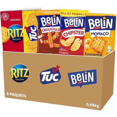Belin RITZ TUC La Boîte Apéritif 5 Paquets de Crackers-Ritz, Tuc Original, Croustilles Peanuts, Chipster, Monaco Emmental- Lot de 0,69kg - Publicité Belin RITZ TUC La Boîte Apéritif 5 Paquets de Crackers-Ritz, Tuc Original, Croustilles Peanuts, Chipster, Monaco Emmental- Lot de 0,69kg - Publicité