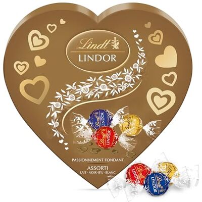 Lindt Boîte Cœur LINDOR Chocolat au Lait, Noir et Blanc Cœur Fondant Idéal St Valentin et Fête des Mères, 200g - Publicité Lindt Boîte Cœur LINDOR Chocolat au Lait, Noir et Blanc Cœur Fondant Idéal St Valentin et Fête des Mères, 200g - Publicité