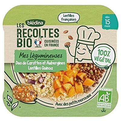 Blédina Les récoltes bio Mes légumineuses Duo de carottes et aubergines, lentilles quinoa Dès 15 mois Biologique 250g - Publicité Blédina Les récoltes bio Mes légumineuses Duo de carottes et aubergines, lentilles quinoa Dès 15 mois Biologique 250g - Publicité