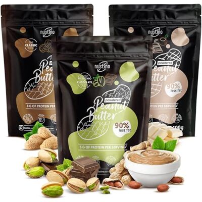 Nustino Trio beurre de cacahuète en poudre 3 x 400 g – légère et riche en protéines, jusqu’à 90% de matières grasses en moins, idéal pour smoothies, desserts et recettes saines au quotidien - Publicité Nustino Trio beurre de cacahuète en poudre 3 x 400 g – légère et riche en protéines, jusqu’à 90% de matières grasses en moins, idéal pour smoothies, desserts et recettes saines au quotidien - Publicité
