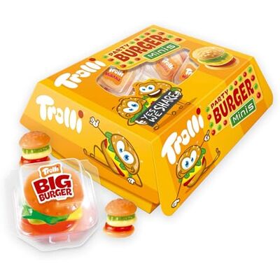 Trolli Burger Box, mini burgers 150 g et Big Burger 50 g Bonbons gélifiés cultes à partager pour anniversaire, barbecue et candy bar, chaque pièce emballée individuellement - Publicité Trolli Burger Box, mini burgers 150 g et Big Burger 50 g Bonbons gélifiés cultes à partager pour anniversaire, barbecue et candy bar, chaque pièce emballée individuellement - Publicité