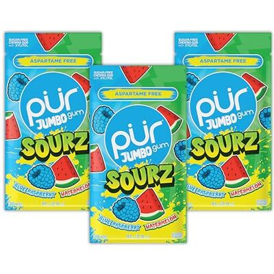 PUR Gum PUR Jumbo SOURZ Gum Chewing-gum sans aspartame Au xylitol Arôme naturel Framboise bleue acide, Pastèque acide, 20 pièces (Lot de 3) - Publicité PUR Gum PUR Jumbo SOURZ Gum Chewing-gum sans aspartame Au xylitol Arôme naturel Framboise bleue acide, Pastèque acide, 20 pièces (Lot de 3) - Publicité