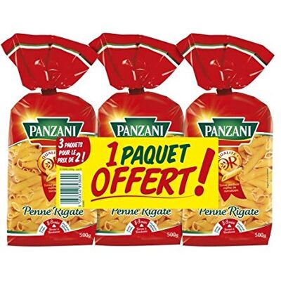 PANZANI Pâtes fantaisies penne Le lot de 2 paquets de 500g + 1 offert - Publicité PANZANI Pâtes fantaisies penne Le lot de 2 paquets de 500g + 1 offert - Publicité