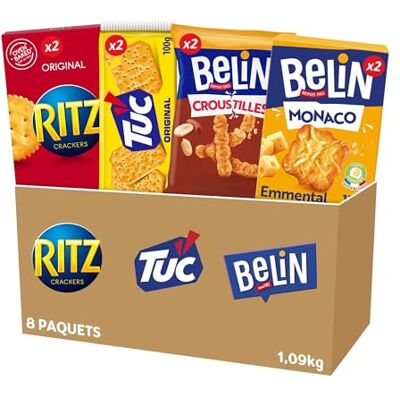 Belin RITZ TUC La Boîte Apéritif 8 Paquets de Crackers Ritz (x2), Tuc Original (x2), Croustilles Peanuts (x2), Monaco Emmental (x2) Lot de 1,09kg - Publicité Belin RITZ TUC La Boîte Apéritif 8 Paquets de Crackers Ritz (x2), Tuc Original (x2), Croustilles Peanuts (x2), Monaco Emmental (x2) Lot de 1,09kg - Publicité