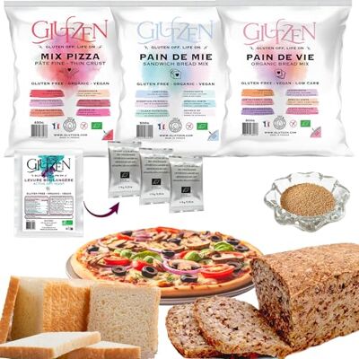 GLUTZEN Pack 3 Mixs Sans Gluten Bio + Levure (3x9g). Pain de Mie (500g), Pain Keto Graines (500g), Pizza (450g). Sans pétrissage ni machine à pains. Cœliaque, Low Carb, Sans allergènes, Vegan, FODMAP - Publicité GLUTZEN Pack 3 Mixs Sans Gluten Bio + Levure (3x9g). Pain de Mie (500g), Pain Keto Graines (500g), Pizza (450g). Sans pétrissage ni machine à pains. Cœliaque, Low Carb, Sans allergènes, Vegan, FODMAP - Publicité