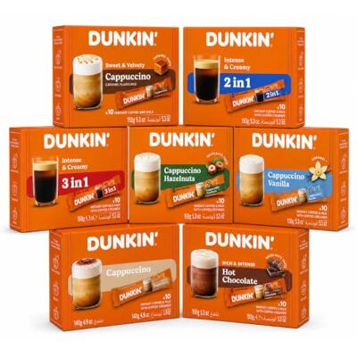Dunkin' Donuts DUNKIN' Coffee STICKS Café Instantané XXL (7 x 20 Sticks, 140 Sticks) – Coffret Découverte avec Classic 2 en 1 & 3 en 1, Cappuccino (Caramel, Noisette, Vanille) & Chocolat Chaud - Publicité Dunkin' Donuts DUNKIN' Coffee STICKS Café Instantané XXL (7 x 20 Sticks, 140 Sticks) – Coffret Découverte avec Classic 2 en 1 & 3 en 1, Cappuccino (Caramel, Noisette, Vanille) & Chocolat Chaud - Publicité