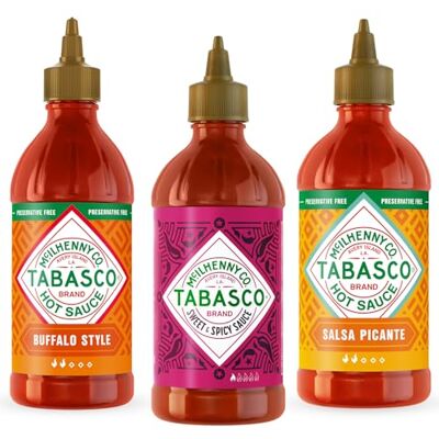 TABASCO Coffret Squeeze Salsa Picante, Buffalo et Douce et Épicée, 3 x 256 ml – 3 Sauces Piquantes Différentes à Doser, Sans Gluten ni Conservateurs - Publicité TABASCO Coffret Squeeze Salsa Picante, Buffalo et Douce et Épicée, 3 x 256 ml – 3 Sauces Piquantes Différentes à Doser, Sans Gluten ni Conservateurs - Publicité