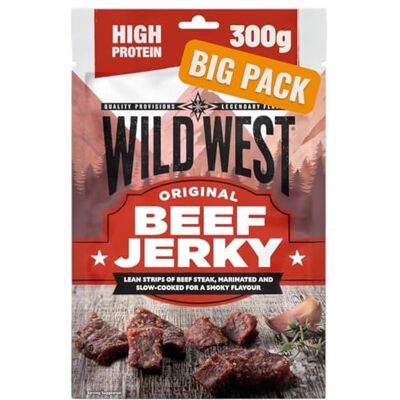 WILD WEST Beef Jerky, 300g Original, high Protein Viande séchée, Beef Jerky Snack protéiné, Bœuf séché - Publicité WILD WEST Beef Jerky, 300g Original, high Protein Viande séchée, Beef Jerky Snack protéiné, Bœuf séché - Publicité