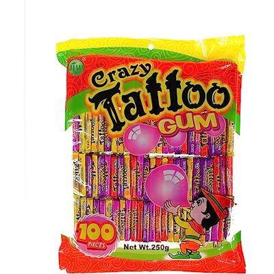 Chewing Gum Tattoo 100 pièces Bonbons aromatisés aux fruits des années 90 Bubble gum sur un plateau avec un tatouage - Publicité Chewing Gum Tattoo 100 pièces Bonbons aromatisés aux fruits des années 90 Bubble gum sur un plateau avec un tatouage - Publicité