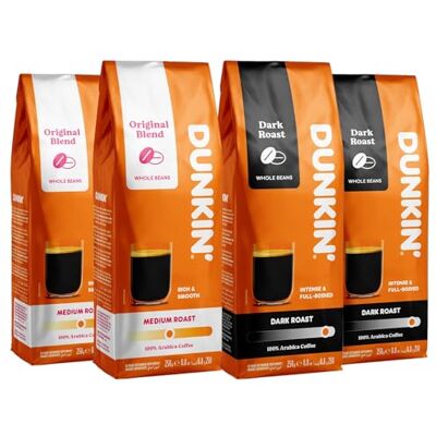 Dunkin' Donuts Mélange de café en grains Dunkin’ Donuts – 4 × 250 g de grains entiers (Dark Roast & Original Blend), 100% Arabica – Café en grains premium – Fabriqué en Italie – Lot économique de 1 kg - Publicité Dunkin' Donuts Mélange de café en grains Dunkin’ Donuts – 4 × 250 g de grains entiers (Dark Roast & Original Blend), 100% Arabica – Café en grains premium – Fabriqué en Italie – Lot économique de 1 kg - Publicité
