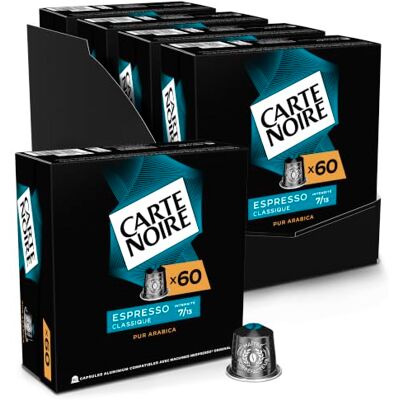 Carte Noire Café Capsules Espresso Classique N°7 Compatible Nespresso® 100% Arabica Rond & Equilibré Notes de Chocolat & Agrumes Fabriqué en France 4 x 60 Capsules Aluminium - Publicité Carte Noire Café Capsules Espresso Classique N°7 Compatible Nespresso® 100% Arabica Rond & Equilibré Notes de Chocolat & Agrumes Fabriqué en France 4 x 60 Capsules Aluminium - Publicité