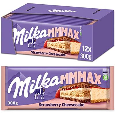 Milka Mmmax Gâteau Au Fromage Aux Fraises 300g Chocolat au lait des Alpes fourré avec une garniture au gâteau au fromage, une préparation à la fraise et un biscuit - Publicité Milka Mmmax Gâteau Au Fromage Aux Fraises 300g Chocolat au lait des Alpes fourré avec une garniture au gâteau au fromage, une préparation à la fraise et un biscuit - Publicité