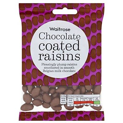 Waitrose Raisins secs au chocolat au lait belge 150g - Publicité Waitrose Raisins secs au chocolat au lait belge 150g - Publicité