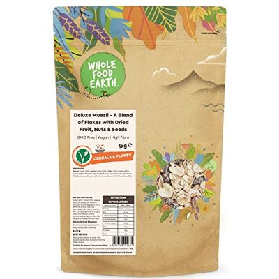 Wholefood Earth Muesli de luxe – Un mélange de flocons avec des fruits secs, noix et graines, 1 kg Sans OGM Riche en fibres - Publicité Wholefood Earth Muesli de luxe – Un mélange de flocons avec des fruits secs, noix et graines, 1 kg Sans OGM Riche en fibres - Publicité