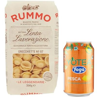 Rummo Pasta Orecchiette N°87 Lot de 12 pâtes italiennes à base de semoule de blé dur, 500 g + 1 boîte de thé glacé pour yoga, pêche 330 ml - Publicité Rummo Pasta Orecchiette N°87 Lot de 12 pâtes italiennes à base de semoule de blé dur, 500 g + 1 boîte de thé glacé pour yoga, pêche 330 ml - Publicité