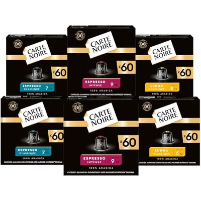 Lavazza CARTE NOIRE Assortiment Capsules Café Compatibles Nespresso® N°6 Lungo, N°7 Classique, N°9 Intense Café Arabica Lot de 6 x 60 Capsules Aluminium Fabriqué en France - Publicité Lavazza CARTE NOIRE Assortiment Capsules Café Compatibles Nespresso® N°6 Lungo, N°7 Classique, N°9 Intense Café Arabica Lot de 6 x 60 Capsules Aluminium Fabriqué en France - Publicité