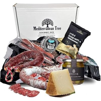 Mediterranean Tree Coffret Gourmet cadeau + Lot de Salchichon et Chorizo Ibériques Grande 500g + Fromage affiné Añejo + 2 pièces de Fuets de 170g + Pâtés perdrix et Pedro Ximenez + Olives Sélectionnées + Picos Artisanau - Publicité Mediterranean Tree Coffret Gourmet cadeau + Lot de Salchichon et Chorizo Ibériques Grande 500g + Fromage affiné Añejo + 2 pièces de Fuets de 170g + Pâtés perdrix et Pedro Ximenez + Olives Sélectionnées + Picos Artisanau - Publicité