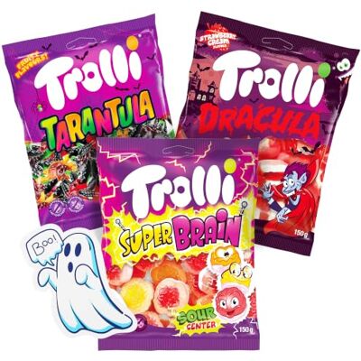 Trolli Lot de 3 bonbons – 1 Tarantula, Dracula et Super Brain de 150 g – Sans lactose et gluten, saveurs délicieuses, avec autocollants fantômes – Pour décoration d'Halloween, gâteaux et muffins - Publicité Trolli Lot de 3 bonbons – 1 Tarantula, Dracula et Super Brain de 150 g – Sans lactose et gluten, saveurs délicieuses, avec autocollants fantômes – Pour décoration d'Halloween, gâteaux et muffins - Publicité