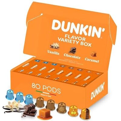 Dunkin' Donuts Coffret Flavour Dunkin’ Donuts – 80 Capsules de Café, 3 Saveurs Aromatisées : Vanille, Chocolat, Caramel, Compatibles avec les Machines Nespresso, Crémeux & Aromatique, Idée Cadeau - Publicité Dunkin' Donuts Coffret Flavour Dunkin’ Donuts – 80 Capsules de Café, 3 Saveurs Aromatisées : Vanille, Chocolat, Caramel, Compatibles avec les Machines Nespresso, Crémeux & Aromatique, Idée Cadeau - Publicité