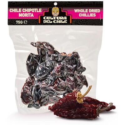 Cultura Del Chile Chipotle Morita Whole Dried Chillies 75g – All Natural Mexican Chillies, Medium Heat with Smoky Flavour. Ideal for Salsas, Tacos, Marinades, Stews and Sauces - Publicité Cultura Del Chile Chipotle Morita Whole Dried Chillies 75g – All Natural Mexican Chillies, Medium Heat with Smoky Flavour. Ideal for Salsas, Tacos, Marinades, Stews and Sauces - Publicité