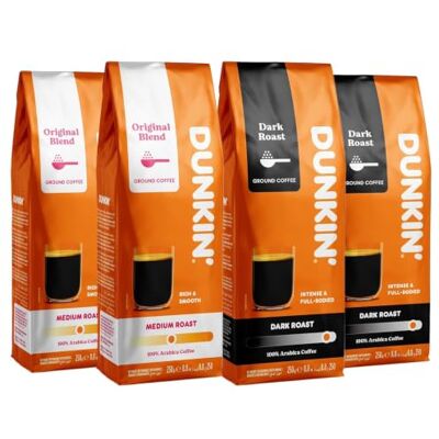 Dunkin' Donuts Café Moulu – 4 x 250 g (Dark Roast & Original Blend), 100% Arabica – Café Premium Torréfié – Fabriqué en Italie – Lot Économique de 1 kg - Publicité Dunkin' Donuts Café Moulu – 4 x 250 g (Dark Roast & Original Blend), 100% Arabica – Café Premium Torréfié – Fabriqué en Italie – Lot Économique de 1 kg - Publicité