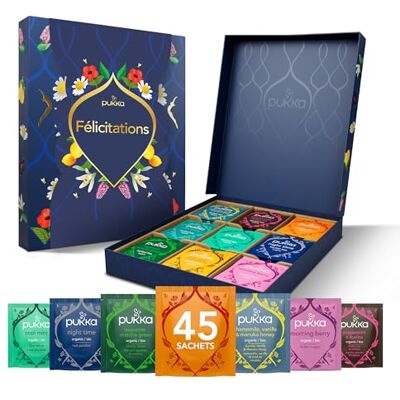 Pukka Coffret Sélection Cadeau “Félicitations”, Coffret Tisanes & Thé 100% Bio, Réussite & Anniversaire, 9 Saveurs, 45 Sachets - Publicité Pukka Coffret Sélection Cadeau “Félicitations”, Coffret Tisanes & Thé 100% Bio, Réussite & Anniversaire, 9 Saveurs, 45 Sachets - Publicité
