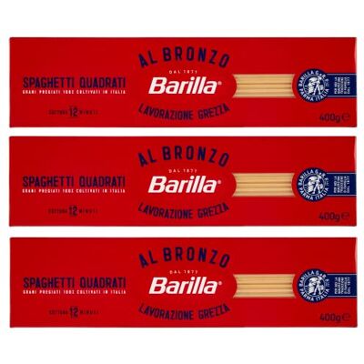 Barilla Spaghetti Quadrati al Bronzo Lot de 3 pâtes dessinées en bronze 400 g Méthode de traitement brute - Publicité Barilla Spaghetti Quadrati al Bronzo Lot de 3 pâtes dessinées en bronze 400 g Méthode de traitement brute - Publicité