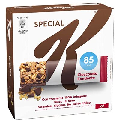 Kellogg's Barre spéciale K Saveur chocolat noir Flocons multicéréales croustillantes avec de délicieuses boucles de chocolat 100 % blé entier 6 barres de 21,5 g (lot de 129 g) - Publicité Kellogg's Barre spéciale K Saveur chocolat noir Flocons multicéréales croustillantes avec de délicieuses boucles de chocolat 100 % blé entier 6 barres de 21,5 g (lot de 129 g) - Publicité