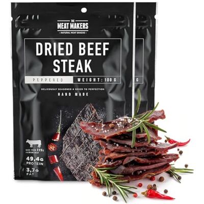 The Meat Makers Peppered Dried Beef Jerky Steak 200g viande séchée de bœuf séché peppered steak séché de bœuf séché pour les personnes collation à la viande séchée - Publicité The Meat Makers Peppered Dried Beef Jerky Steak 200g viande séchée de bœuf séché peppered steak séché de bœuf séché pour les personnes collation à la viande séchée - Publicité