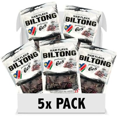 Nam Flava Biltong original de Namibie 0,5 kg (5x100 g) Beef Jerky, viande séchée, beaucoup de protéines - Publicité Nam Flava Biltong original de Namibie 0,5 kg (5x100 g) Beef Jerky, viande séchée, beaucoup de protéines - Publicité