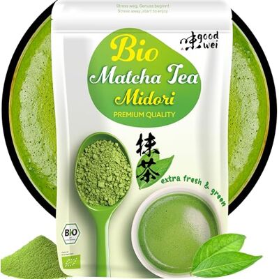Goodwei Matcha Poudre BIO Premium "Midori" – Thé Vert Finement Moulu Matcha pour tous les jours & Latte Riche en Antioxydants & Vitamines (100g) - Publicité Goodwei Matcha Poudre BIO Premium "Midori" – Thé Vert Finement Moulu Matcha pour tous les jours & Latte Riche en Antioxydants & Vitamines (100g) - Publicité