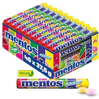 MENTOS Rainbow – Boîte de 40 Rouleaux de Bonbons aux 7 Saveurs Fruitées Bonbons vegan aux arômes de fraise, pastèque, pomme, orange, framboise... Publicité MENTOS Rainbow – Boîte de 40 Rouleaux de Bonbons aux 7 Saveurs Fruitées Bonbons vegan aux arômes de fraise, pastèque, pomme, orange, framboise... Publicité