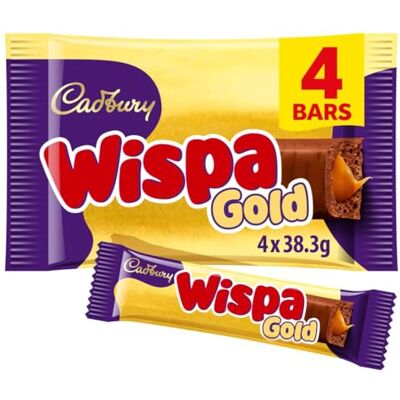 Cadbury Wispa Gold Chocolat, chocolat au lait gourmand avec centre caramel, 4 barres de 38,3 g (lot de 1) - Publicité Cadbury Wispa Gold Chocolat, chocolat au lait gourmand avec centre caramel, 4 barres de 38,3 g (lot de 1) - Publicité