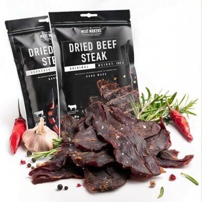 The Meat Makers Dried Beef Jerky Steak Mix 200g viande séchée de bœuf séché steak mix séché de bœuf séché pour les personnes collation à la viande séchée - Publicité The Meat Makers Dried Beef Jerky Steak Mix 200g viande séchée de bœuf séché steak mix séché de bœuf séché pour les personnes collation à la viande séchée - Publicité