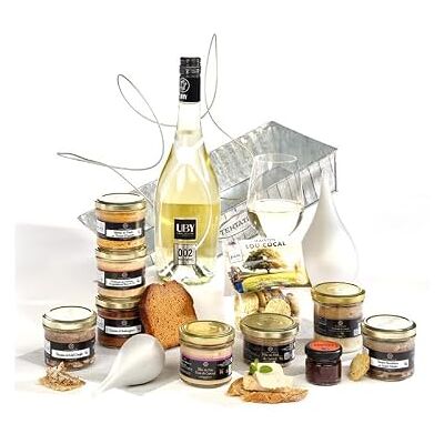 Cellier du Périgord Panier Gourmand Coffret Colis Apéritif Festif 2025 avec vin blanc effervescent 75 cl, bloc de foie gras 80 g, tartinades, terrines, sablés, corbeille métal - Publicité Cellier du Périgord Panier Gourmand Coffret Colis Apéritif Festif 2025 avec vin blanc effervescent 75 cl, bloc de foie gras 80 g, tartinades, terrines, sablés, corbeille métal - Publicité