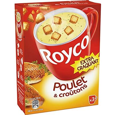 Royco Extra craquant delice de poulet et croutons au thym , la boite de 3 sachets - Publicité Royco Extra craquant delice de poulet et croutons au thym , la boite de 3 sachets - Publicité