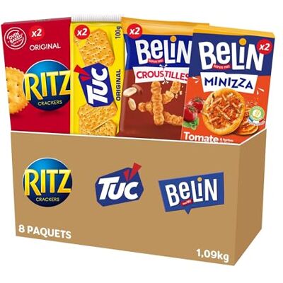Belin RITZ TUC La Boîte Apéritif 8 Paquets de Crackers Ritz (x2), Tuc Original (x2), Croustilles Peanuts (x2), Minizza Tomate (x2) Lot de 1,06kg - Publicité Belin RITZ TUC La Boîte Apéritif 8 Paquets de Crackers Ritz (x2), Tuc Original (x2), Croustilles Peanuts (x2), Minizza Tomate (x2) Lot de 1,06kg - Publicité