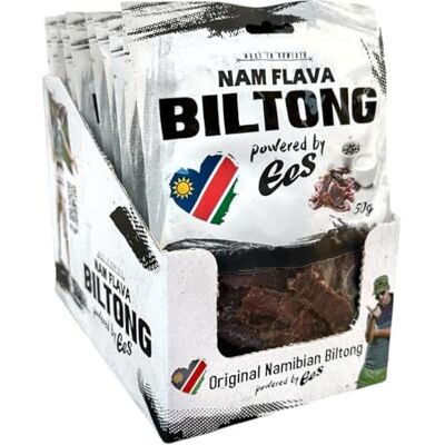 Nam Flava Biltong original de Namibie 0,6 kg (12x50 g) Box Beef Jerky, viande séchée, beaucoup de protéines - Publicité Nam Flava Biltong original de Namibie 0,6 kg (12x50 g) Box Beef Jerky, viande séchée, beaucoup de protéines - Publicité