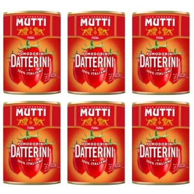 Mutti Pomodorini Datterini Datterini Lot de 6 boîtes de sauce italienne pour tomates cerises au goût sucré Forme allongée 400 g - Publicité Mutti Pomodorini Datterini Datterini Lot de 6 boîtes de sauce italienne pour tomates cerises au goût sucré Forme allongée 400 g - Publicité