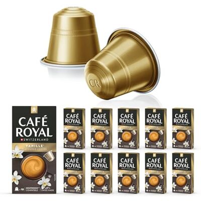 Café Royal Café en Capsules Aluminium Pro 10 x 10 soit 100 Dosettes Compatibles avec les Machines à café Nespresso®* Alu à usage Domestique SAVEUR VANILLE - Publicité Café Royal Café en Capsules Aluminium Pro 10 x 10 soit 100 Dosettes Compatibles avec les Machines à café Nespresso®* Alu à usage Domestique SAVEUR VANILLE - Publicité
