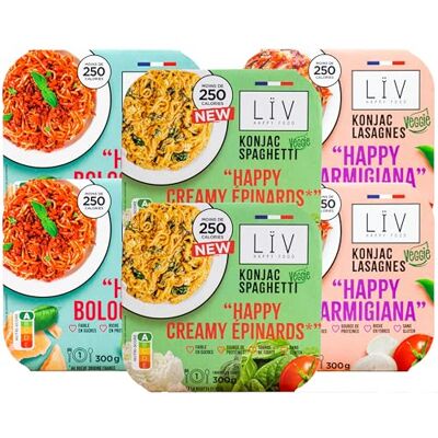 LIV HAPPY FOOD LÏV Happy Food Assortiment de 6 plats cuisinés de konjac 6x300g - Publicité LIV HAPPY FOOD LÏV Happy Food Assortiment de 6 plats cuisinés de konjac 6x300g - Publicité