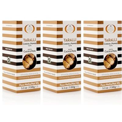 Salumi Pasini Taralli Cacio et Pepe 3 paquets de Taralli des Pouilles Saveur Fromage et Poivre 3 boîtes de 150g chacune - Publicité Salumi Pasini Taralli Cacio et Pepe 3 paquets de Taralli des Pouilles Saveur Fromage et Poivre 3 boîtes de 150g chacune - Publicité